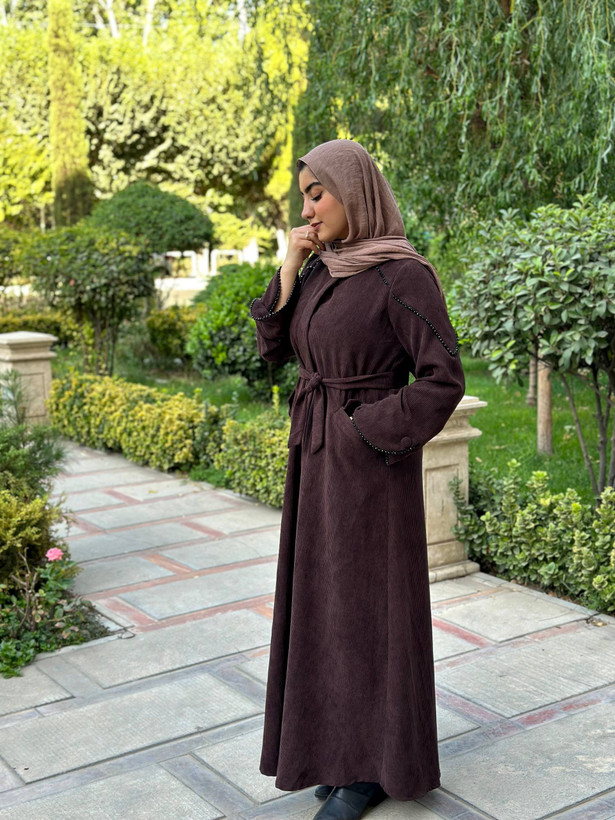 مانتوی پاییزه قهوه ای جیبدار