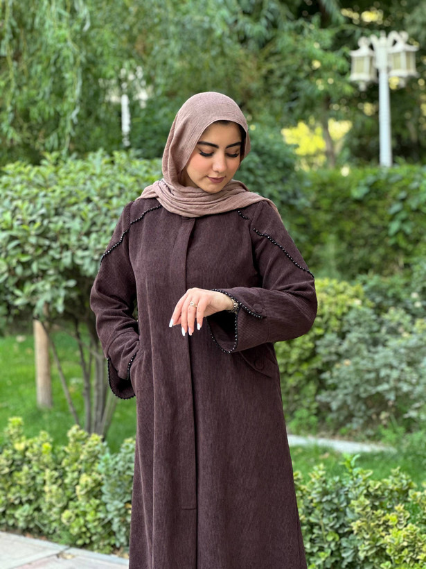 مانتوی پاییزه قهوه ای جیبدار