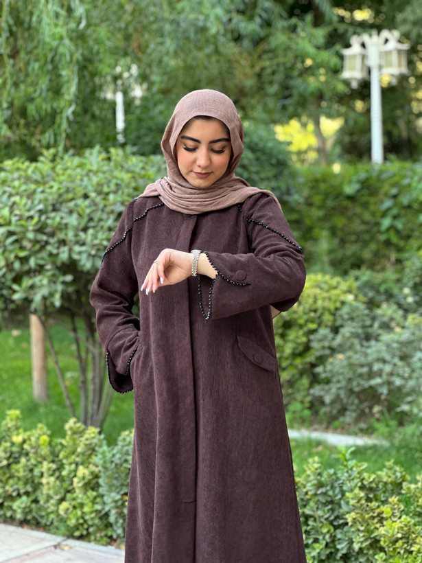 مانتوی پاییزه قهوه ای جیبدار