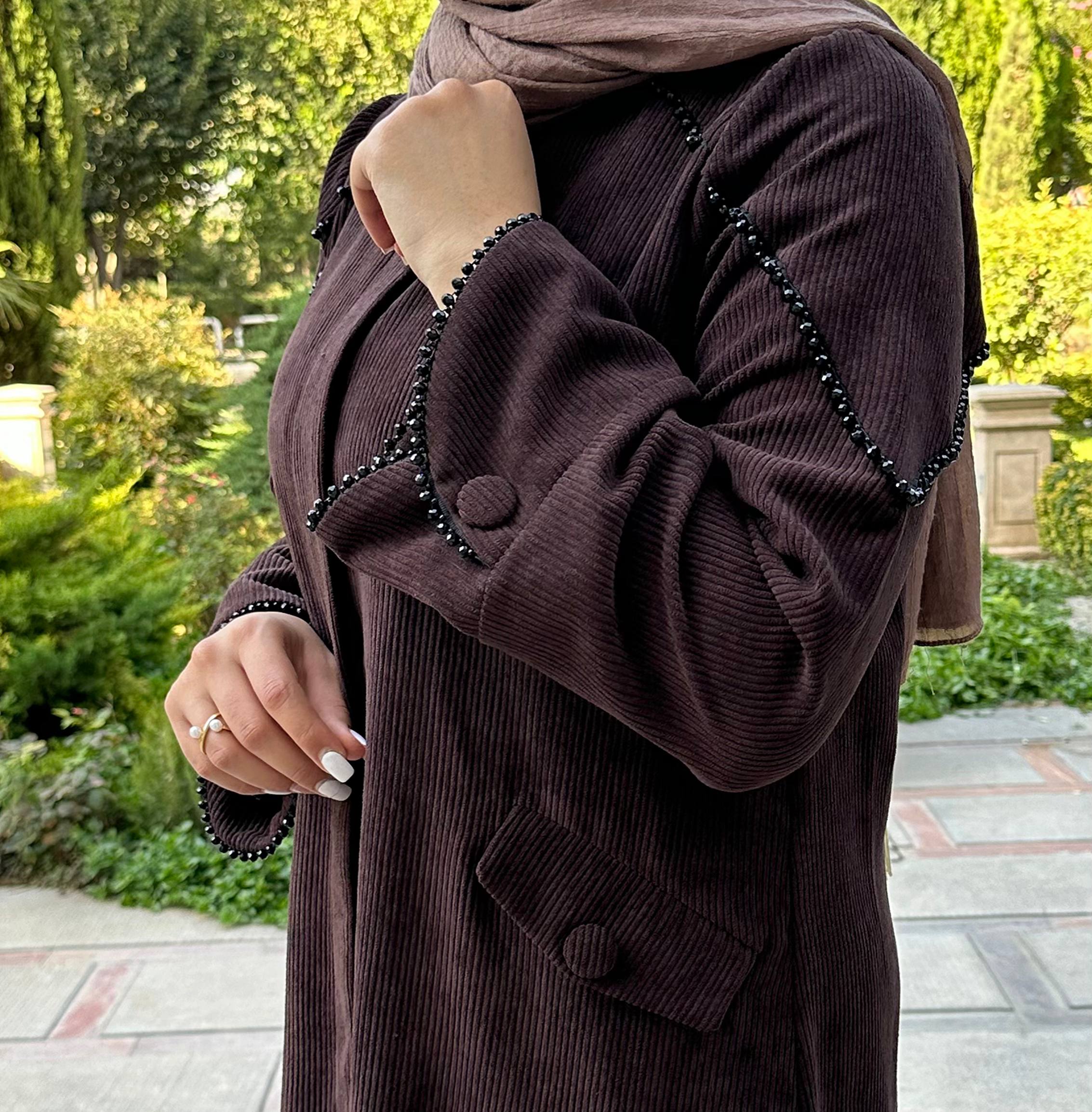 مانتوی پاییزه قهوه ای جیبدار