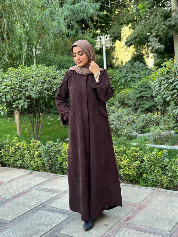 مانتوی پاییزه قهوه ای جیبدار