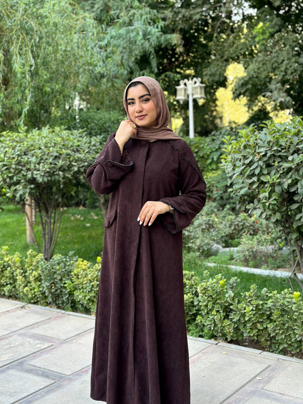 مانتوی پاییزه قهوه ای جیبدار